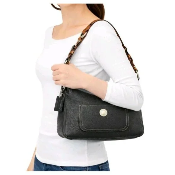 Coach Chelsea Turnlock Hobo Black Pebbled Leather Shoulder Bag Brown Strap Small - Picture 4 of 16